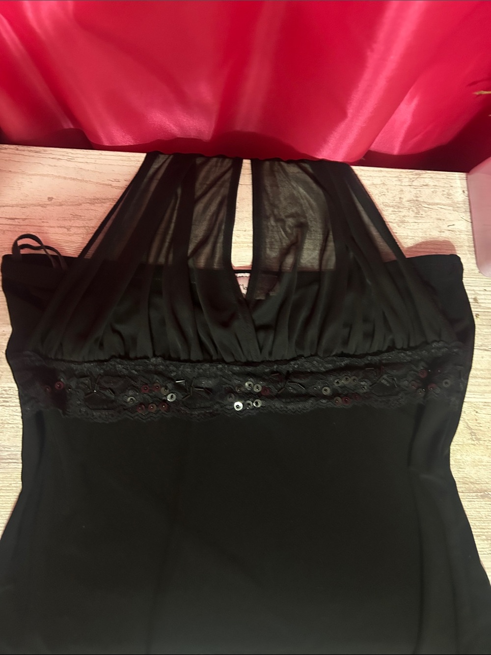 Black Sheer Halter Neck top with Sequined Lace Trim